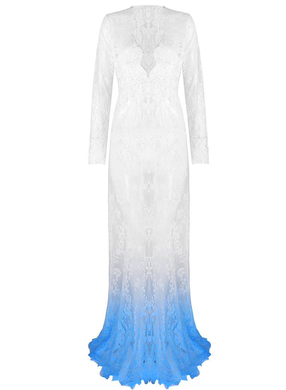 Sexy Deep V-Neck Long Sleeve Lace Beach Dress See-Through Maxi Dress (Medium, Dip Dyeing Blue)