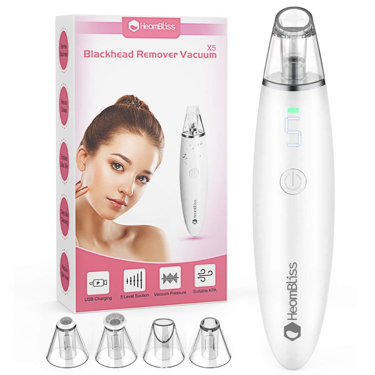 HeomBliss Blackhead Remover Vacuum Pore Cleaner, Powerful and Effective Black Head Extractor with Led Display for Whiteheads, Stubborn Blackheads, Acne, Comedo and Pimple