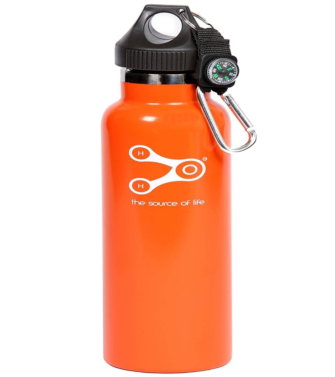 Treksos Insulated Stainless Steel Water Bottle Wide Mouth Vacuum Double Wall BPA Free - 20 Oz / 600 Ml, Plus a Carabiner and a Compass-Rubin Orange