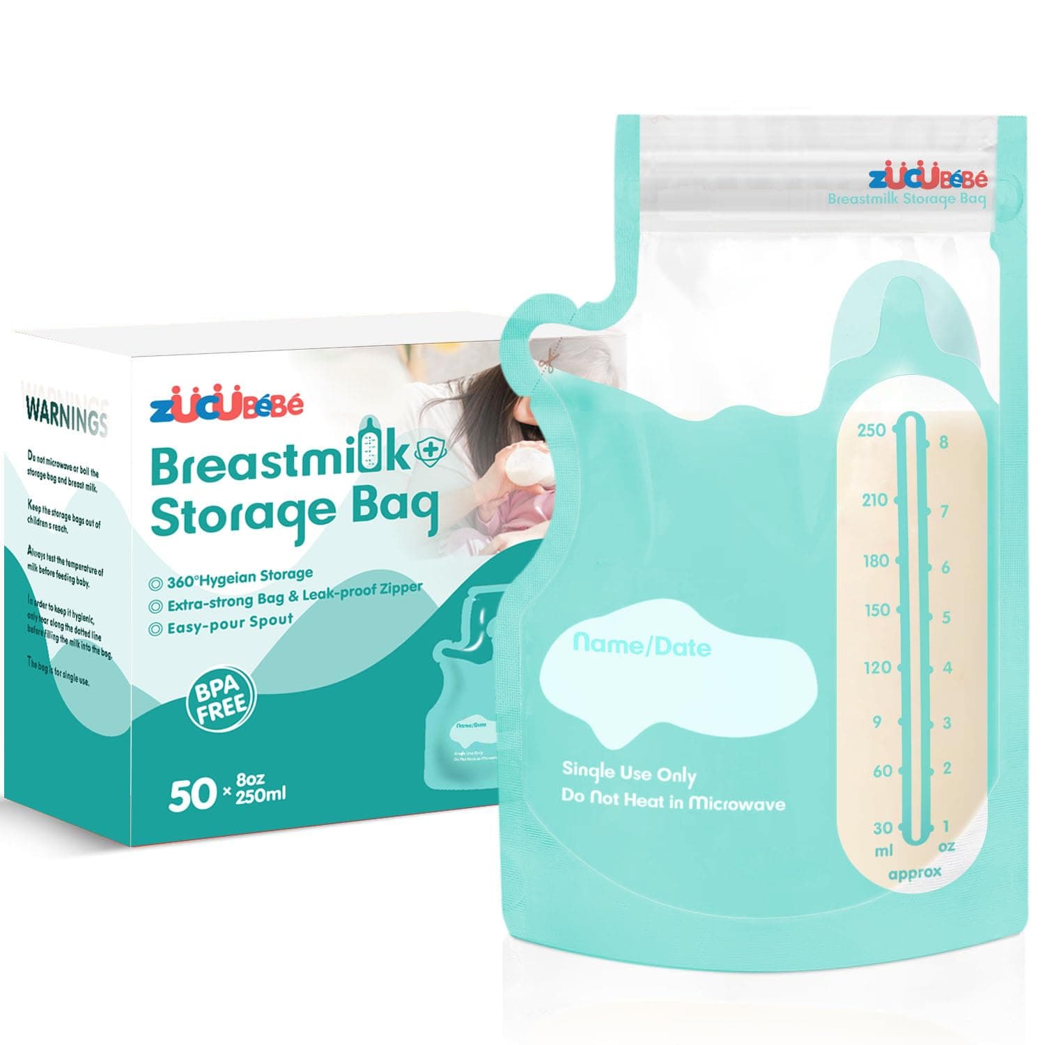 Breastmilk Storage Bags(50 Count)，8oz Milk Storage Bags for Breastfeeding，BPA Free with Easy Pour Spout, Self Standing, for Refrigeration and Freezing Blue