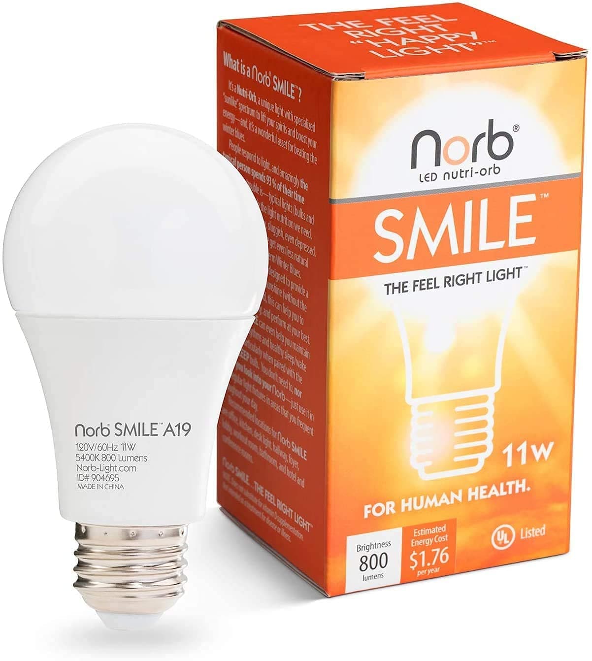 NorbSMILE Full Spectrum Light Bulb - Sunlike Premium A19 Wellness LED. Boosts Energy, Mood & Performance. Supports Circadian Rhythm. Near-Perfect Color Rendering. Patented. US Based (1-Pack)