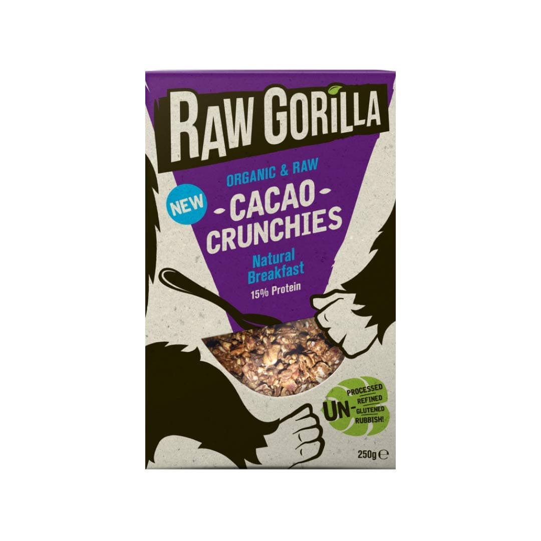 Raw GorillaCacao Crunchies 1 Pack of 250g Healthy, Vegan & Paleo, Gluten Free with No Refined Sugar, High in Protein & Fibre, Plant Based Breakfast Cereals with Activated Nuts