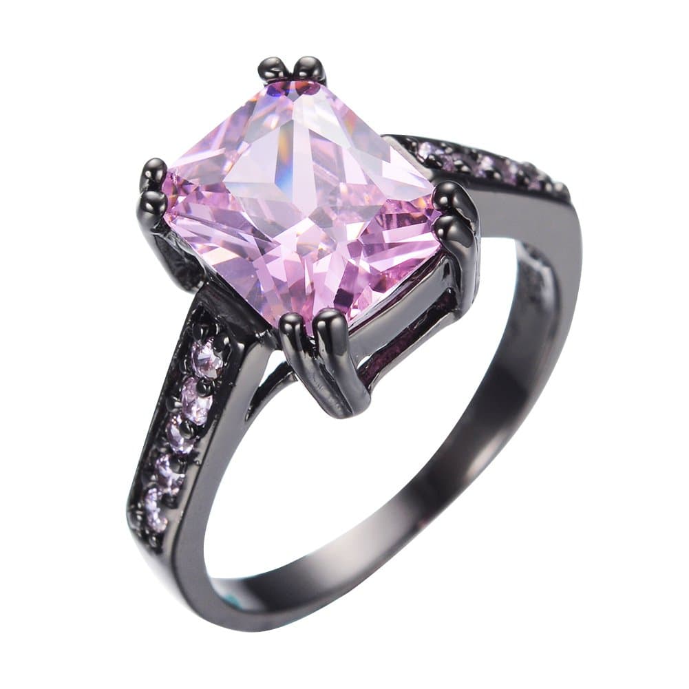Sz5-11 8 * 10MM Emerald Cut Pink Topaz Black Gold Ring 8Prongs Round CZ Size5