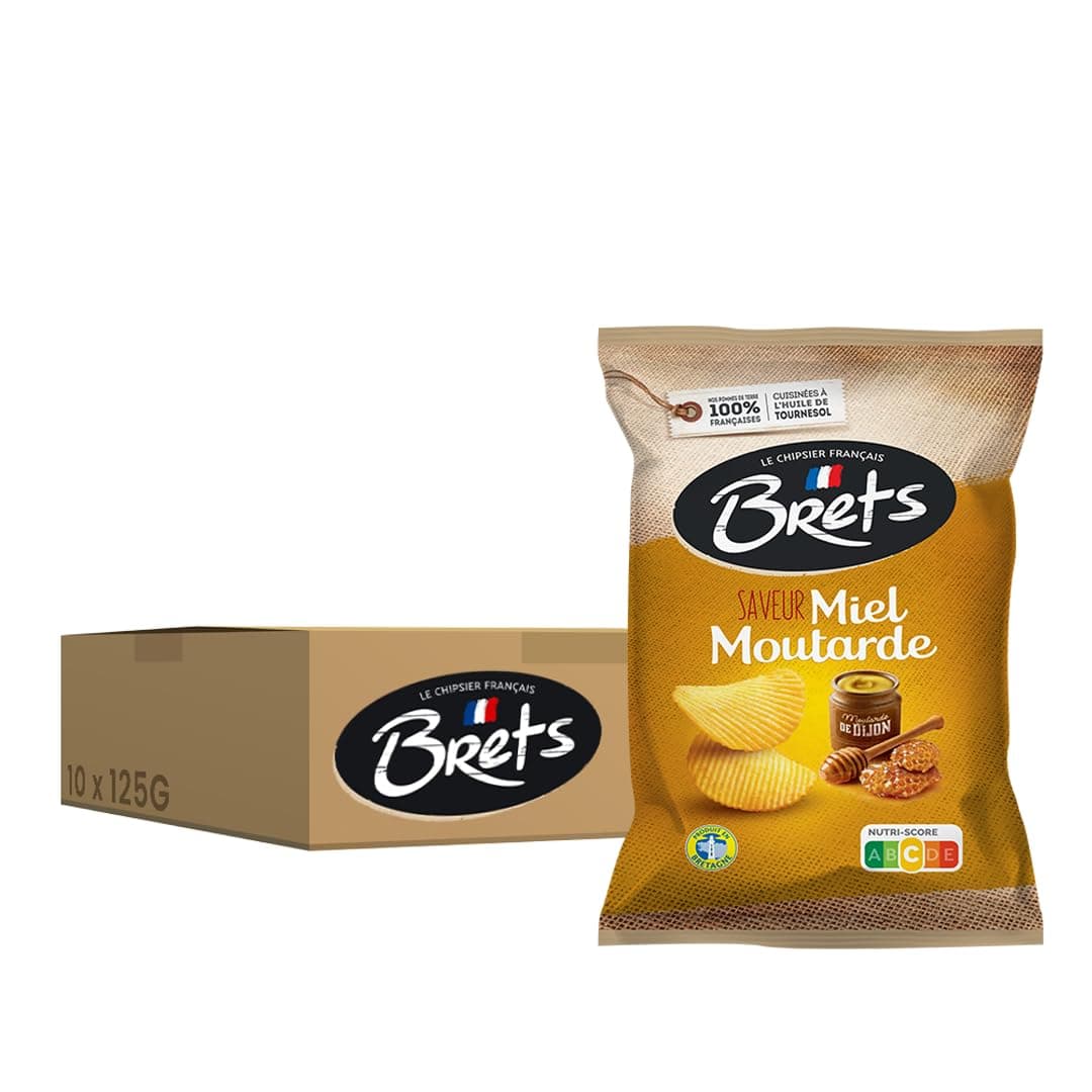 Brets Honey and Mustard Crisps Crinkle Cut - Miel Moutarde Gluten Free Made with 100% French Potatoes Made in France No Perservatives No Added MSG
