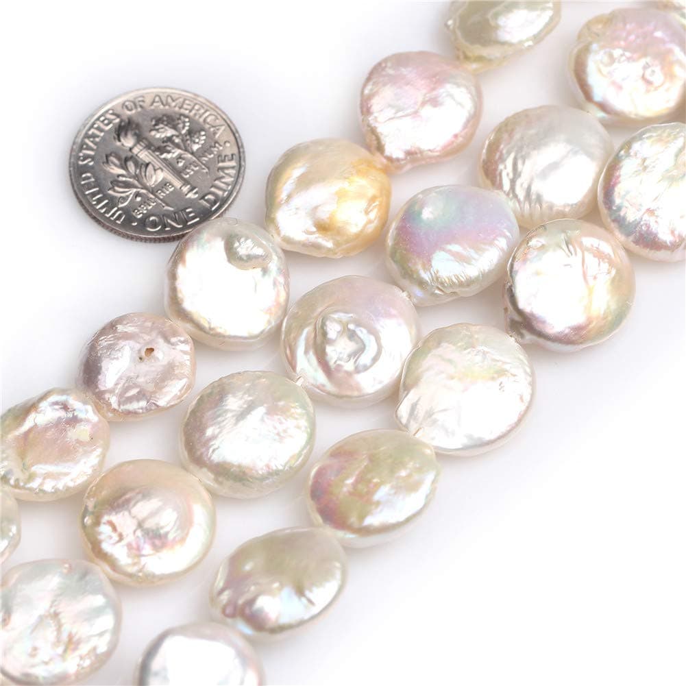 JOE FOREMANJOE FOREMAN 16mm White Freshwater Pearl Coin Loose Beads for Jewelry Making DIY Handmade Craft Supplies 15"
