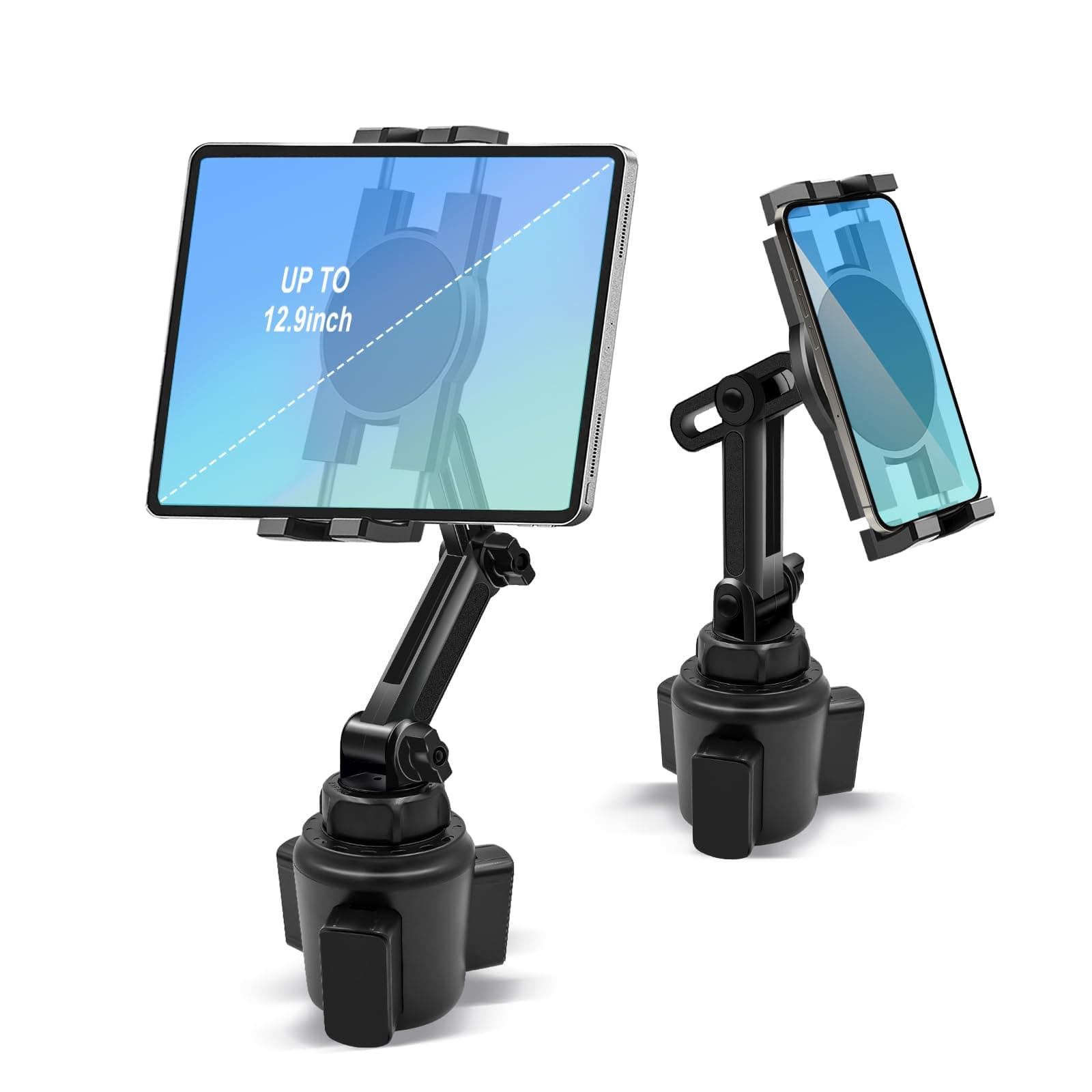 Cup Holder Car Tablet Mount, 360° Adjustable 2-Arm Stand Holder for iPad Pro 12.9/11/10.5/9.7/Air/Mini 6/5/4, Galaxy Tab/Z Fold 6/5, Amazon Fire HD, iPhone 16/15/14/Pro, 4.7-12.9" Tab & Phone