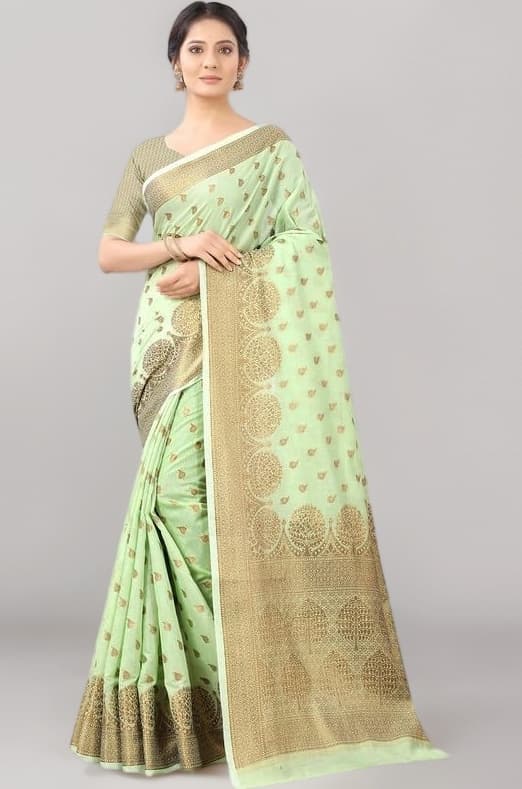 leeza store Womens Silk Cotton Golden Zari Rich Pallu Banarasi Saree With Blouse Piece