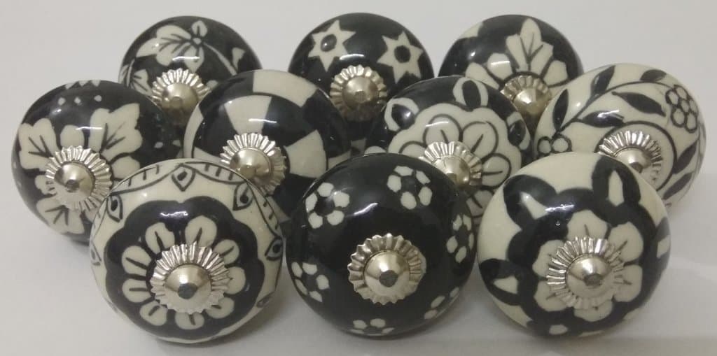 Indian Knobs 10 Black White Mixed Hand Painted Ceramic Knobs Kitchen Cabinet Knobs Drawer Pulls