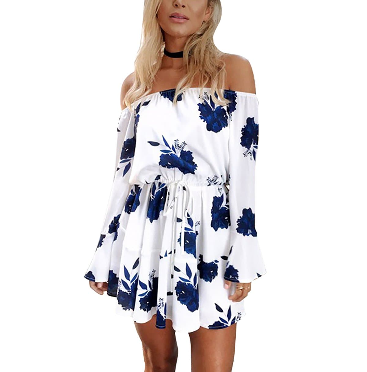 Yieune Summer Dress Off Shoulder Beach Dress Long Sleeve Floral Mini Dress (White-Blue S)