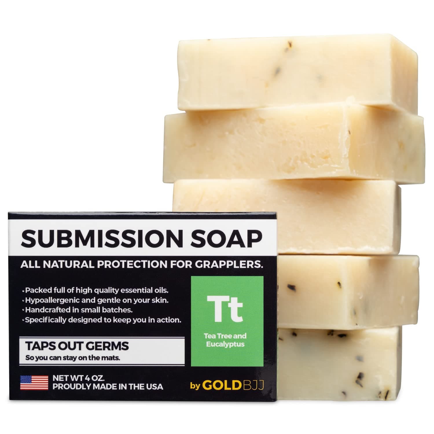 Gold BJJ Premium Tea Tree Oil Soap - USA Made Bar Soap for Jiu Jitsu, Wrestling, and Grappling (5-Pack of 4 Ounce Soap Bars, Classic Tea Tree)
