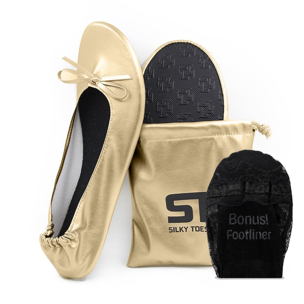 Women’s Foldable Ballet Flats – Portable Roll-Up Slippers for Purse, Travel, or Events – Comfortable Ballerina Shoes (Gold, Large)