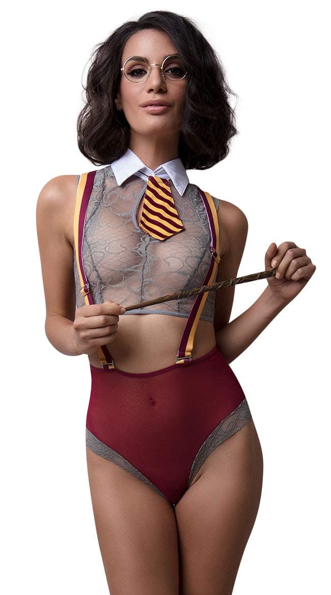 Yandy Burgundy Magical Schoolgirl Fantasy Sheer Bodysuit Women Lingerie Cosplay Costume