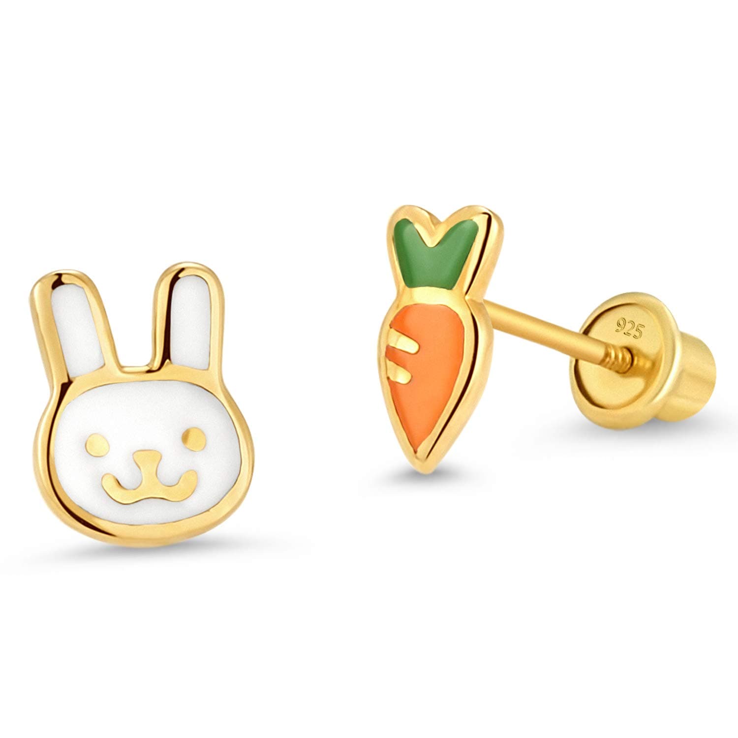 14k Gold Plated Enamel Rabit Carrot Baby Girls Earrings with Sterling Silver Post