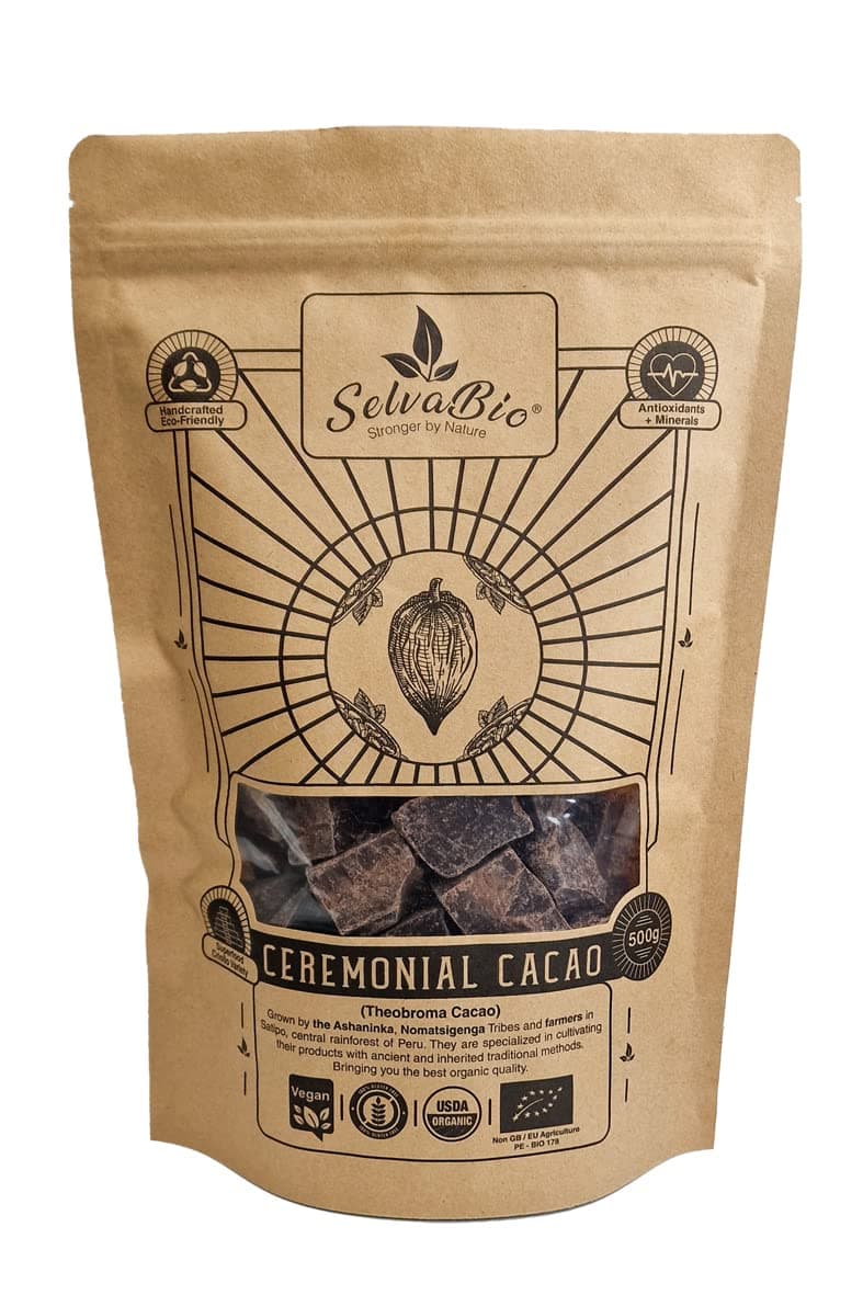 Organic Ceremonial Grade Cacao - 100% Raw Criollo Variety from Farmers and Ashaninka & Nomatsigenga Tribes in Peru, 500g