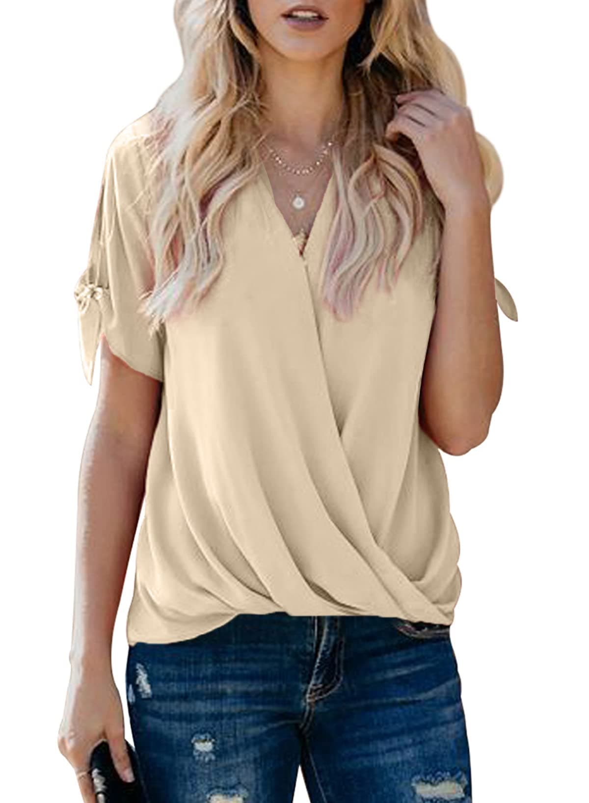 HOTAPEI Womens Spring Summer Tie Short Sleeve V Neck Chiffon Blouse - Fashion 2023 Loose Fit Apricot XL