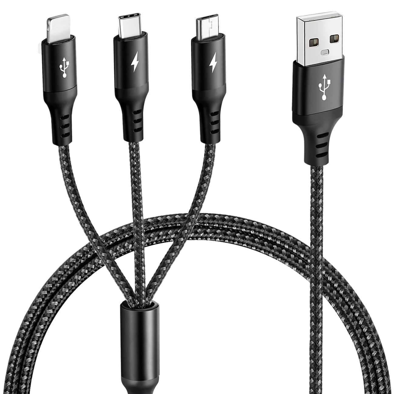 Multi USB Charger Cable 3.5A, 1.8m Charging Cable Nylon Braided Fast Charge Universal 3-in-1 Charging Cord Adapter for IP/Type-C/Micro-USB Ports Compatible with Cell Phones, Tablets (Black)