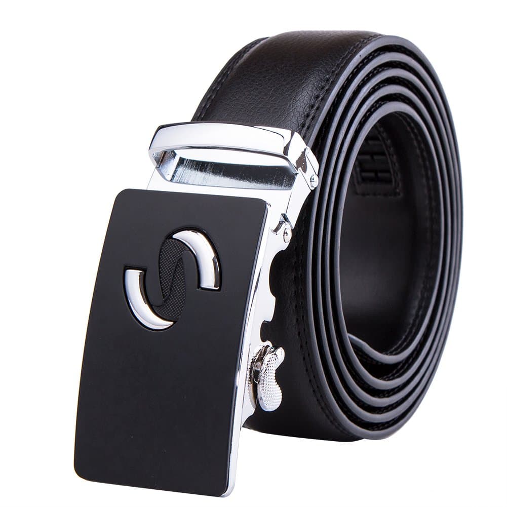 Riccho Ratchet Leather Belt For Men -With Automatic Buckle -Packaged in an Elegant Gift Box (Up to 44" Waist size, Black silver impressive design