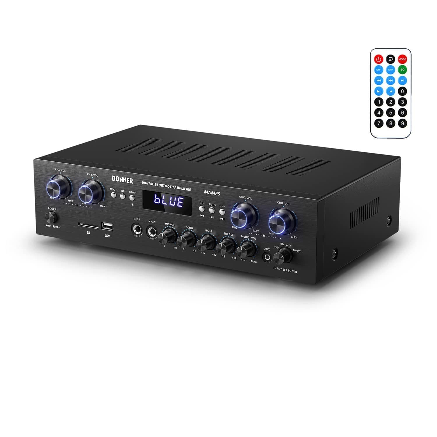 Donner Power Amplifier Audio Amplifier Bluetooth 5.0 Max Output 600W Audio Stereo Receiver USB/SD/FM/2MicINEcho/RCA/LED Studio Home Use