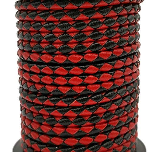 5 Yards 3mm Braided Leather Strap Round Folded Leather Cord Bracelet Necklace Making Bolo Tie (Black and Red)