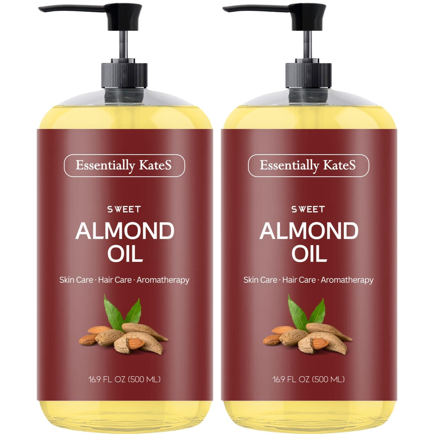 Essentially KateS Sweet Almond Oil 33.8 Fl Oz - Pack of 2 x 16.9 Fl Oz - 100% Pure and Natural - Conditioning, Moisturizing & Nourishing - No Greasy Feel - A Natural Vit. E source
