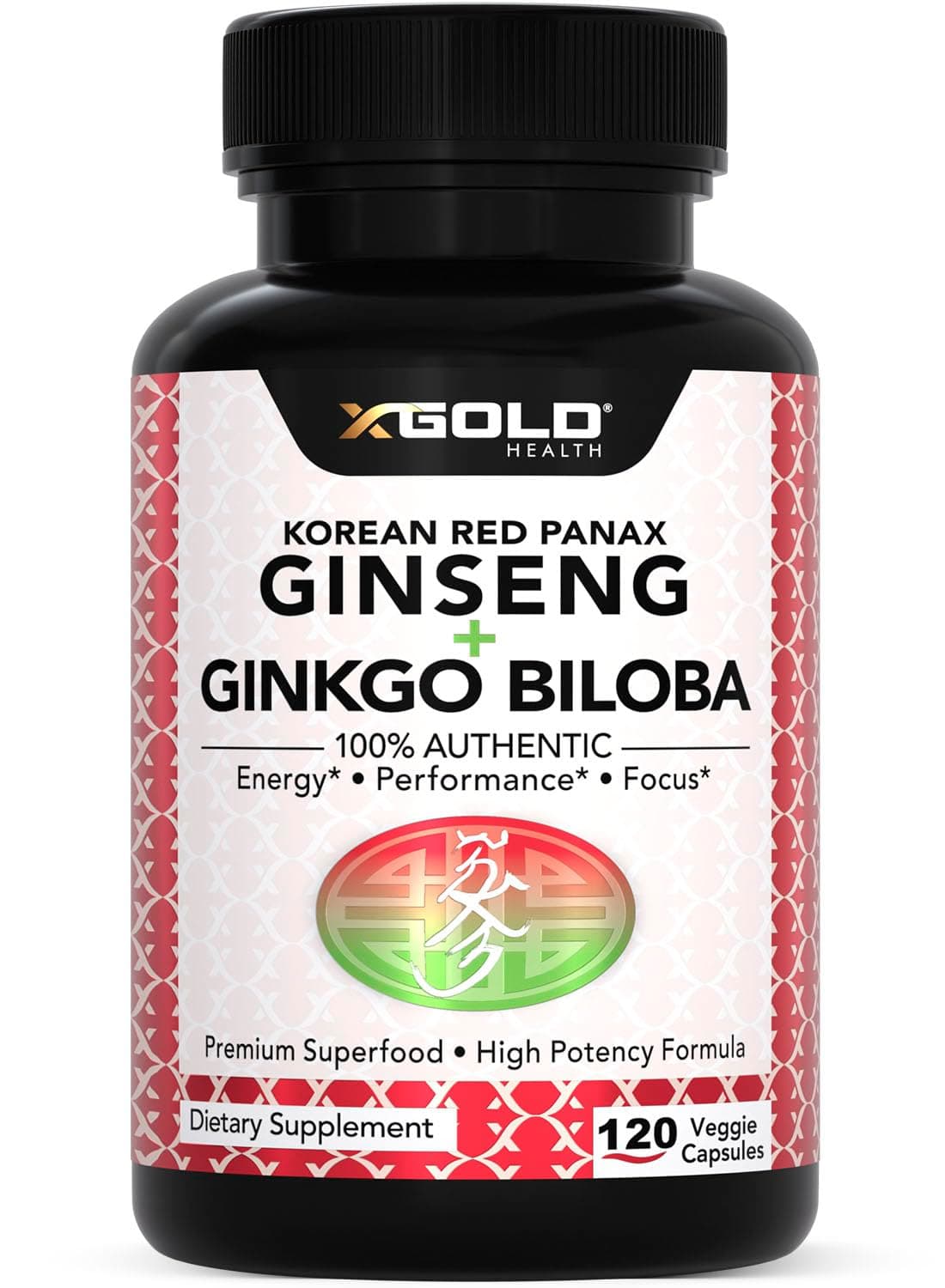 X Gold Health Korean Red Panax Ginseng + Ginkgo Biloba – 7% Ginsenosides Extra Strength – Energy, Memory, Focus & Brain Support – Premium Supplement for Men & Women – Non-GMO, 120 Vegan Capsules