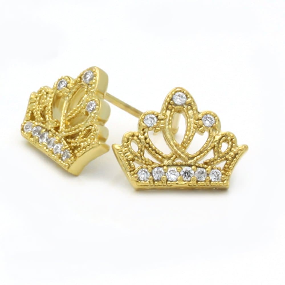 Little Treasures 14 ct Yellow Gold Plated antique Crown CZ Stud Screw Back Earrings For Children & Women