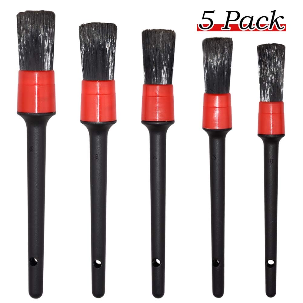 Detailing Brush Set - 5 Different Sizes Premium Natural Boar Hair Plastic Handle Automotive Detail Brushes for Cleaning Wheels, Engine, Interior, Emblems, Interior, Air Vents, Car, Motorcycle
