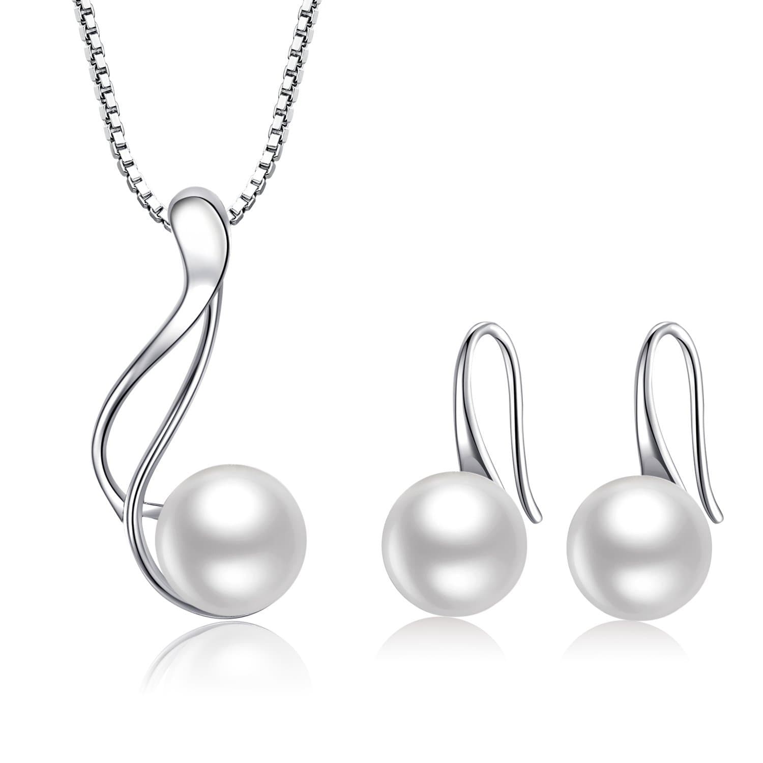AMIGUOFreshwater Pearl Jewellery Necklace Earrings Set 925 Sterling Silver Gift For Women