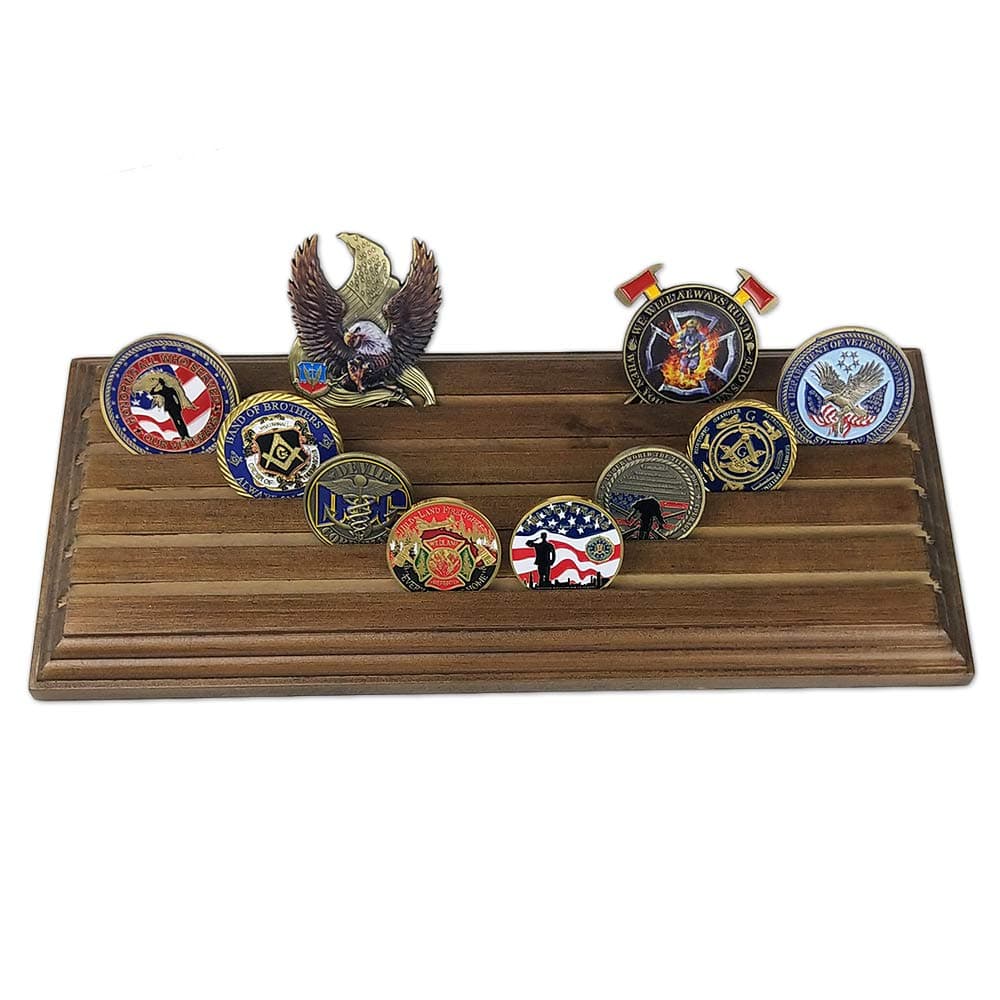 AtSKnSK 5 Row Military Challenge Coin Holder Display Stand Rack - Holds 35-40 Coins, Walnut Finish