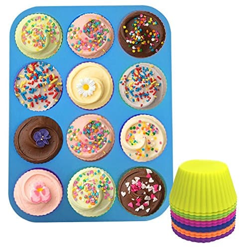 Silicone Muffin Pans, JamHooDirect 12 Cup Premium Large Cupcake Pan & 12 Reusable Vibrant Muffin Molds/Baking Cups/Cupcake Liners - Non-stick BPA-free Food Grade Silicone Mold Material