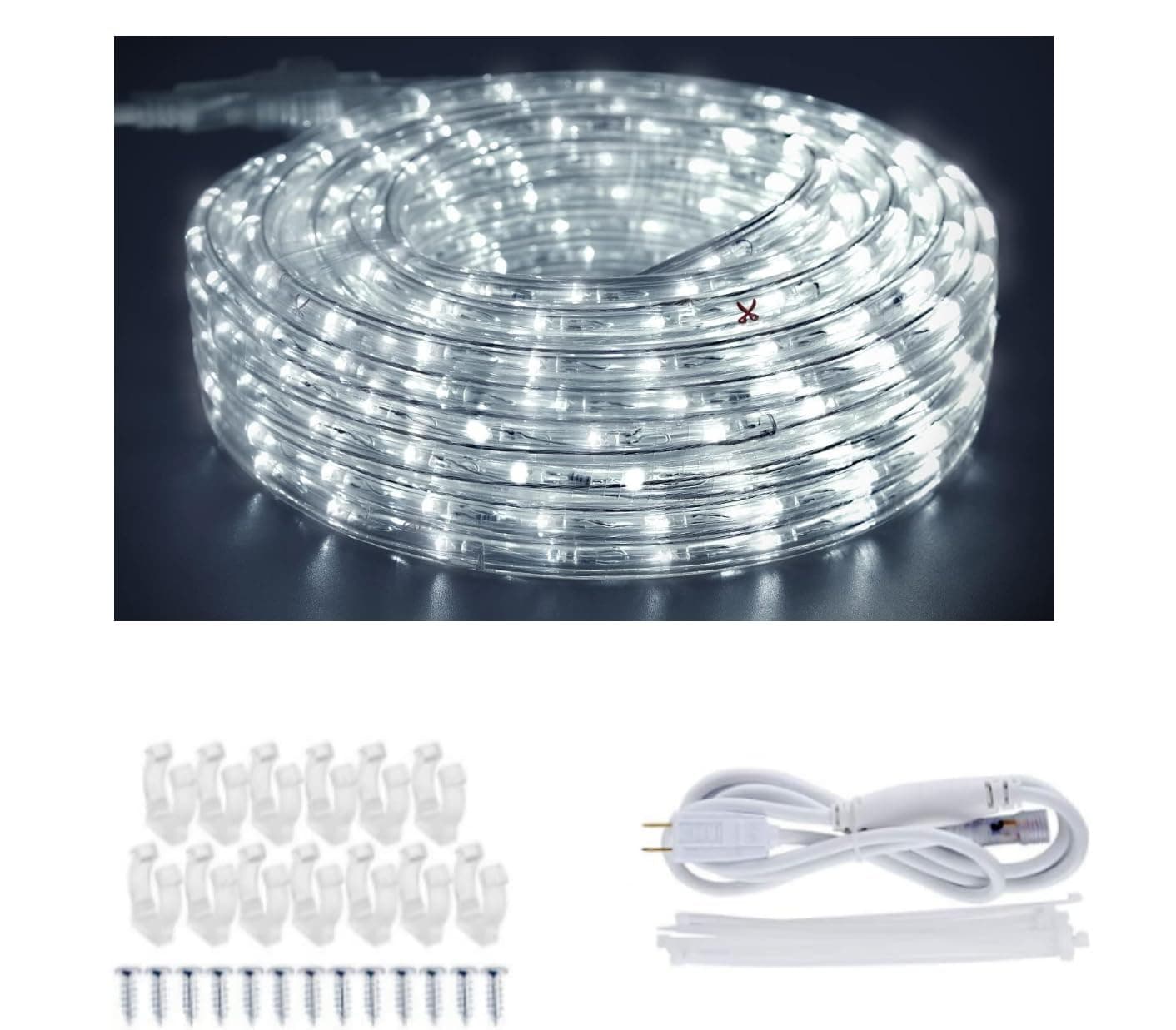 Outdoor LED Rope Lights Indoor Daylight White 6500K Waterproof 432 LEDs 40ft/12m Flexible Plug in 110V UL Listed Power Plug Garden Stairs Balcony Party Christmas