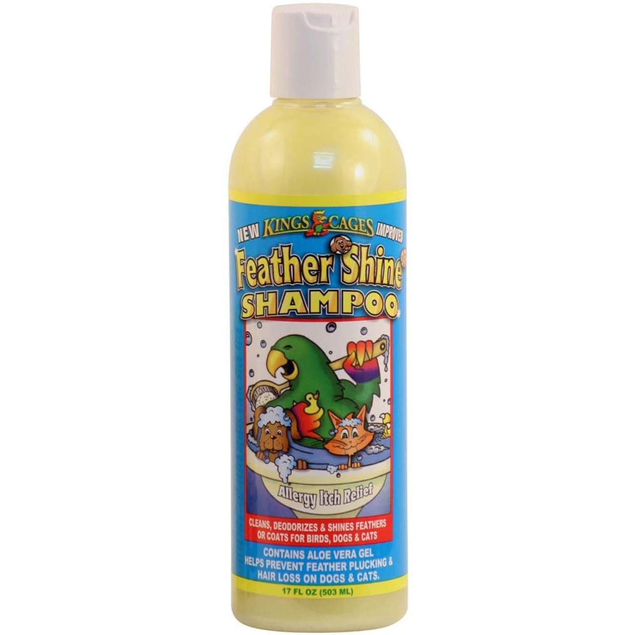 King's Cages Feather Shine 17 oz Pet Shampoo with Aloe Vera Gel for Birds Dogs Cats Cleans Feathers Fur and Skin Reduces Itching Irritation