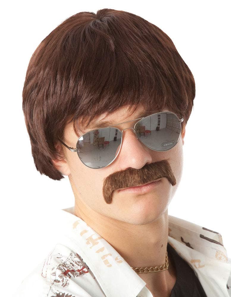 ALLAURA Compatible with Sonny Bono Wig – 60s 70s Men’s Short Brown Wig + Mustache for Hippie, Singer, TV Star, Cop, Detective Costumes – Liberty Duo, Limu & Doug, Uncle Rico, Retro Halloween Outfit