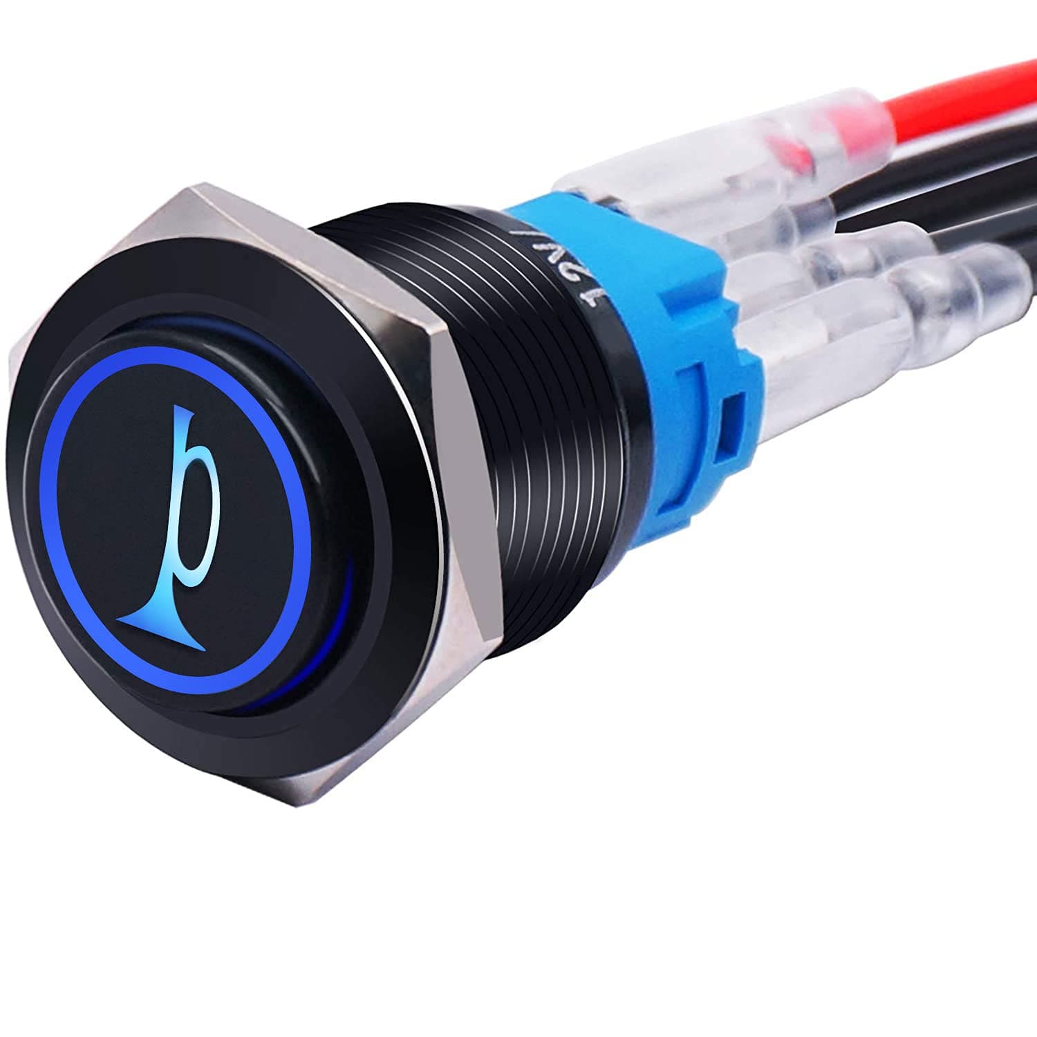 19MM Raised Speaker Horn Momentary Push Button Switch 3/4" Mounting Hole 12V Blue Led Light Black Stainless Steel Shell 1NO1NC SPDT with Pre-wiring Wires Switch For Car Modification BKG19LB-BU