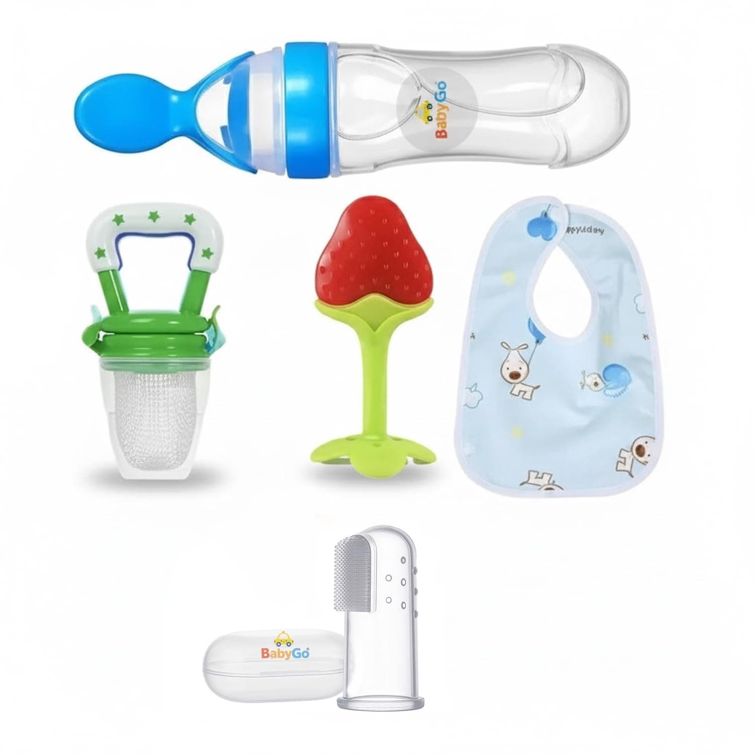 BabyGo Complete Baby Feeding Combo Set | Food Dispensing Spoon Bottle, Fruit Feeder Nibbler, Pacifier, Teether, Finger Toothbrush & Baby Bib | Set of 5 (Multicolor) | Essential for Baby’s Care