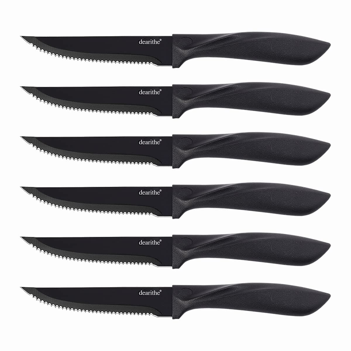 dearithe Steak knives set of 6, Black Serrated Stainless Steel Sharp Blade Flatware Steak Knife Set, 4.5 Inches,Non stick coating for Anti-rusting, for Restaurant Tableware Kitchen Camping