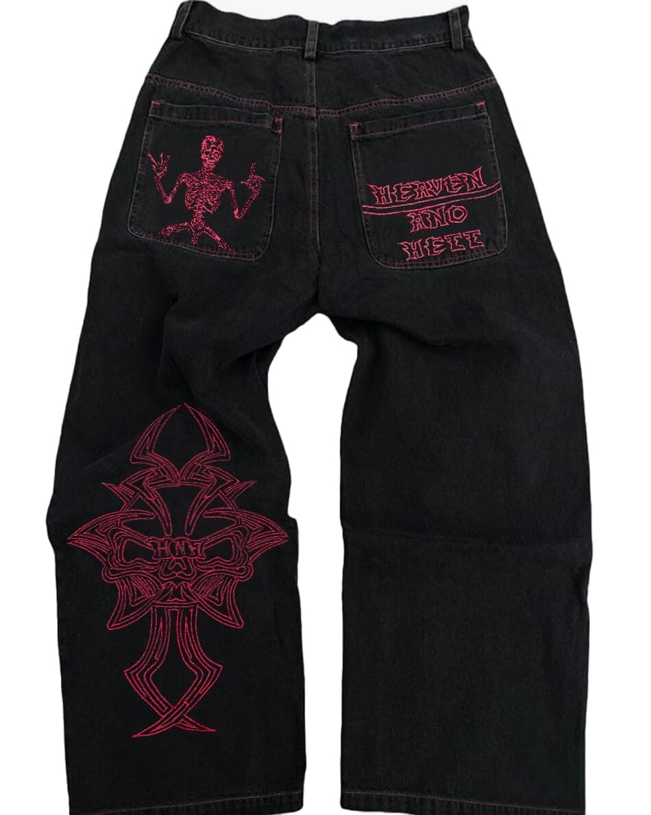 Y2K Beggy Jeans for Women Men Denim Pants Skull Embroidery Gothic Jeans Straight Wide Leg Trouser
