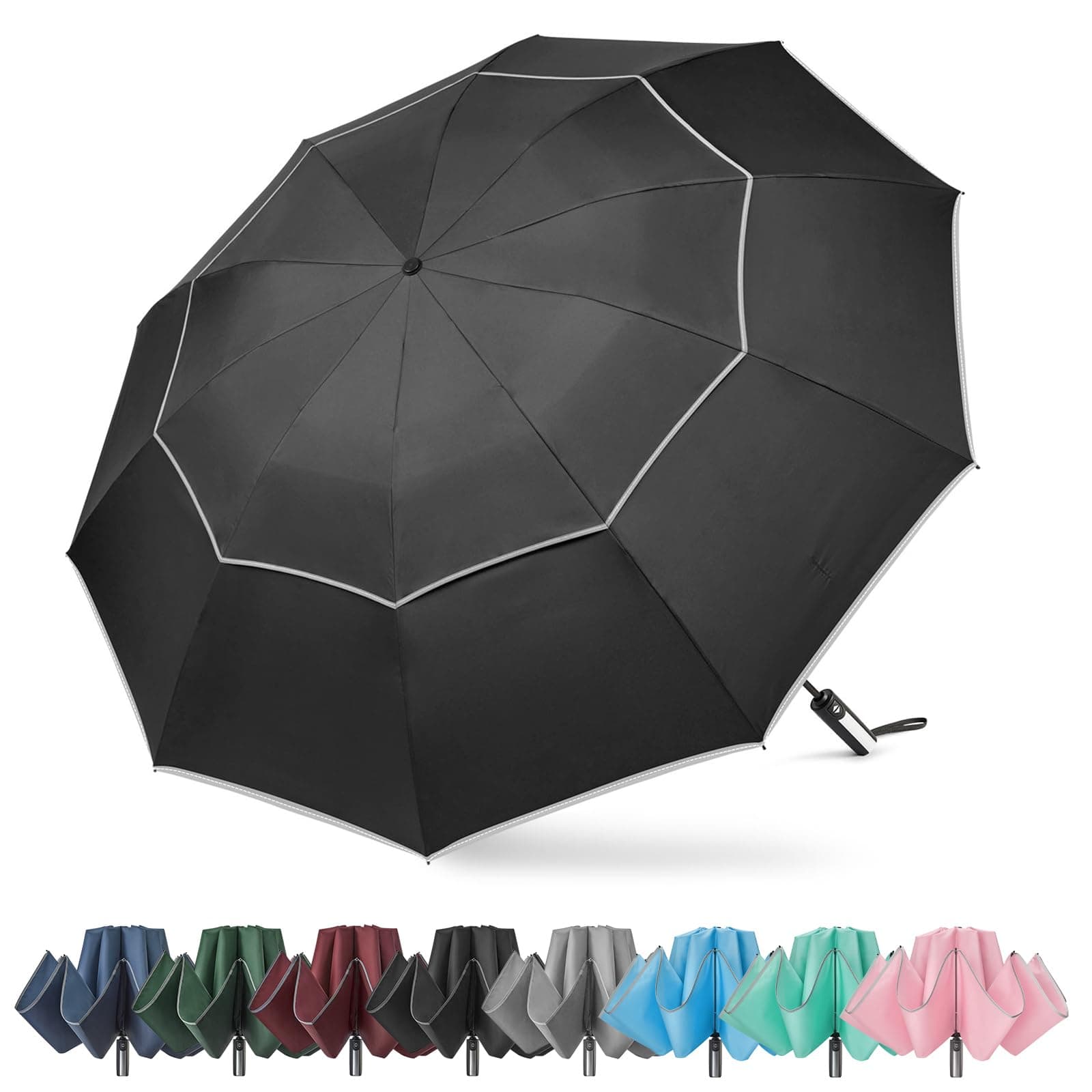 54/62 Inch Auto Open Folding Umbrella with 10 Ribs Double Canopy Golf Umbrella Travel Compact Inverted Umbrella Windproof