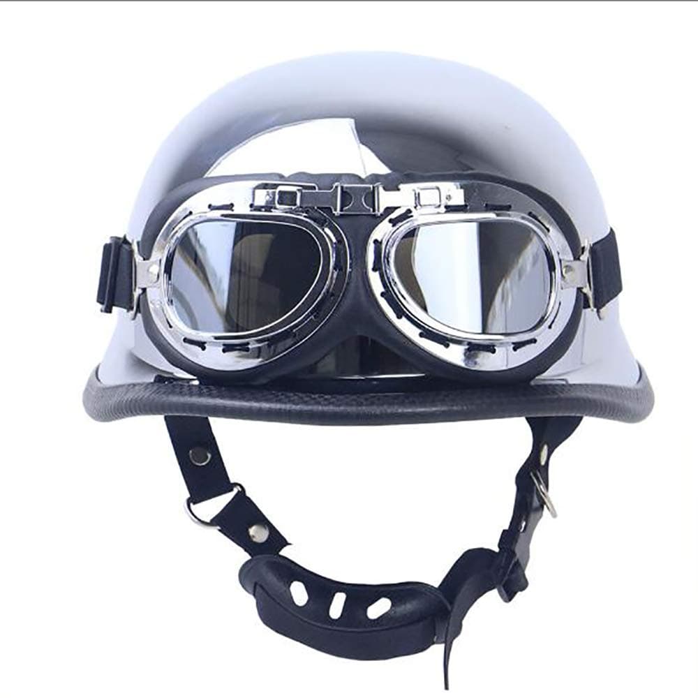 Sunzy Electroplated silver summer locomotive retro half helmet, cruiser German Defence Force helmet helmet DOT certified motorcycle army, with glasses,S
