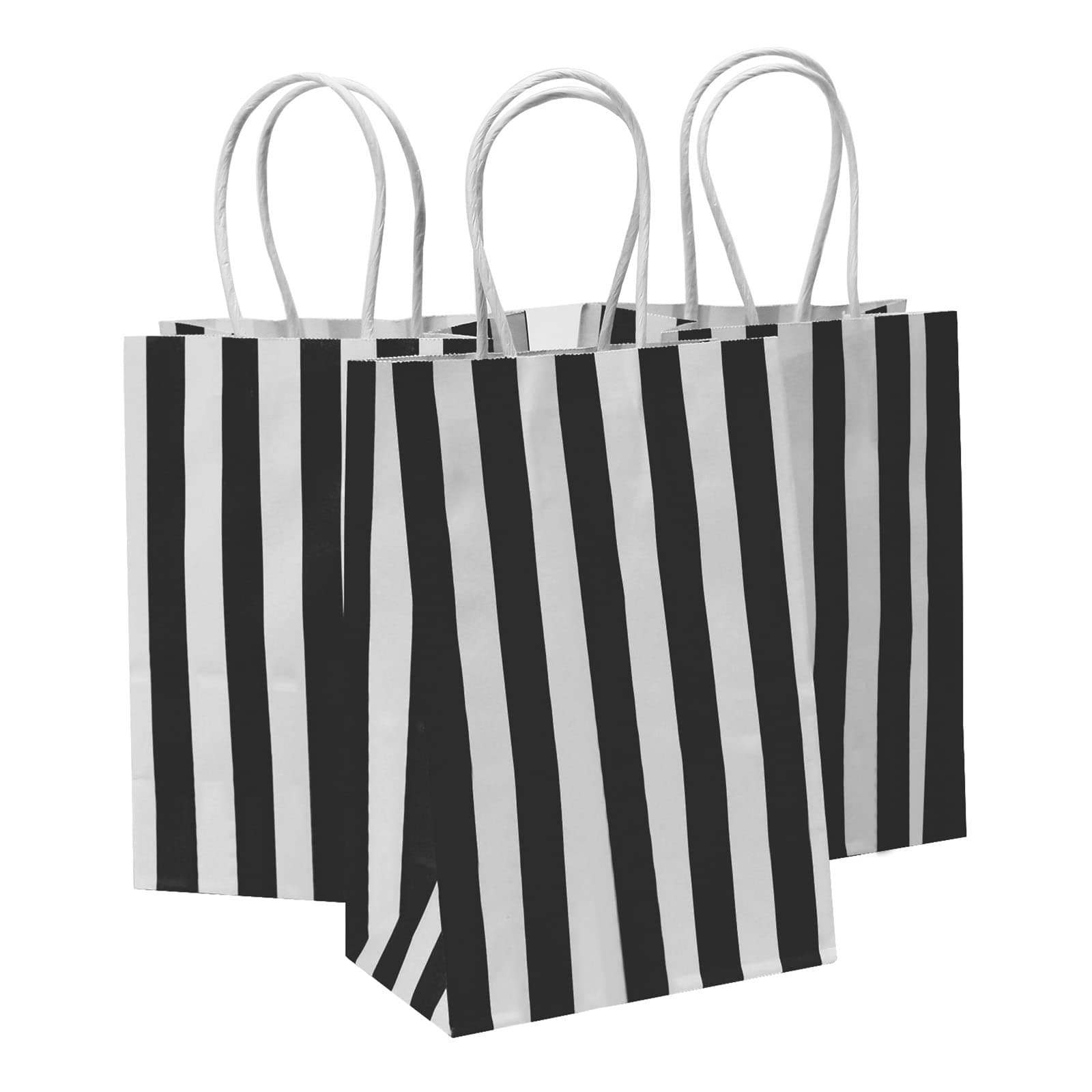50Pcs Small Gift Bags 14 x 8 x 21cm, Black Stripes Recycled Paper Bags With Handles for Party Favor,Business, Birthday, Baby Shower, Goodie, Christmas, Halloween