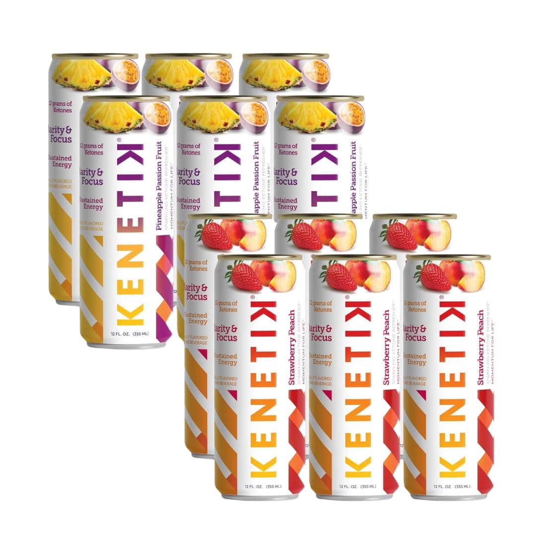 KENETIK Nootropic Ketone Drink, Ketones for Energy & Focus, Caffeine & Sugar Free, High Performance D-BHB Ketone Mix, Ready to Drink - Pineapple Passionfruit 6 Pk + Strawberry Peach 6 Pk Bundle