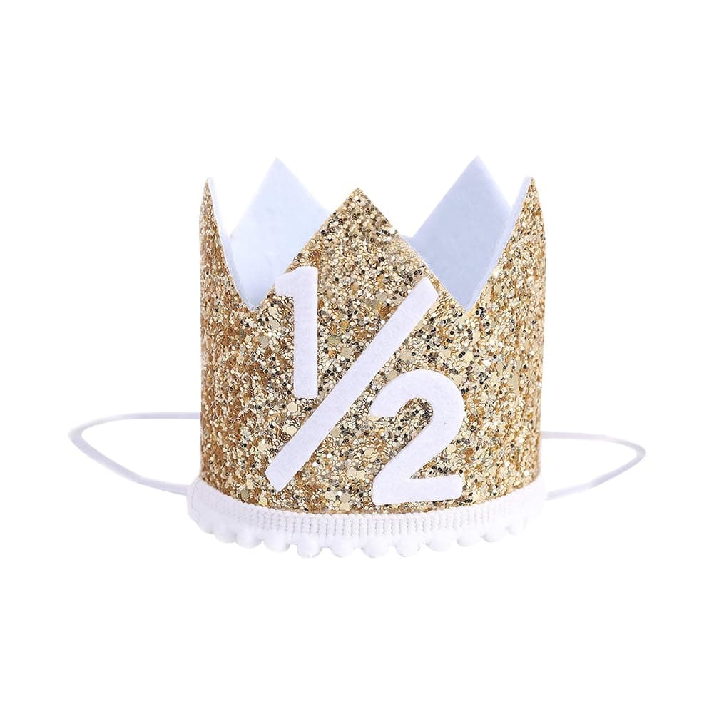Half Birthday Crown with Glitter - 6 Months Birthday Hat & Party Photo Props with Elastic Band for Boys & Girls