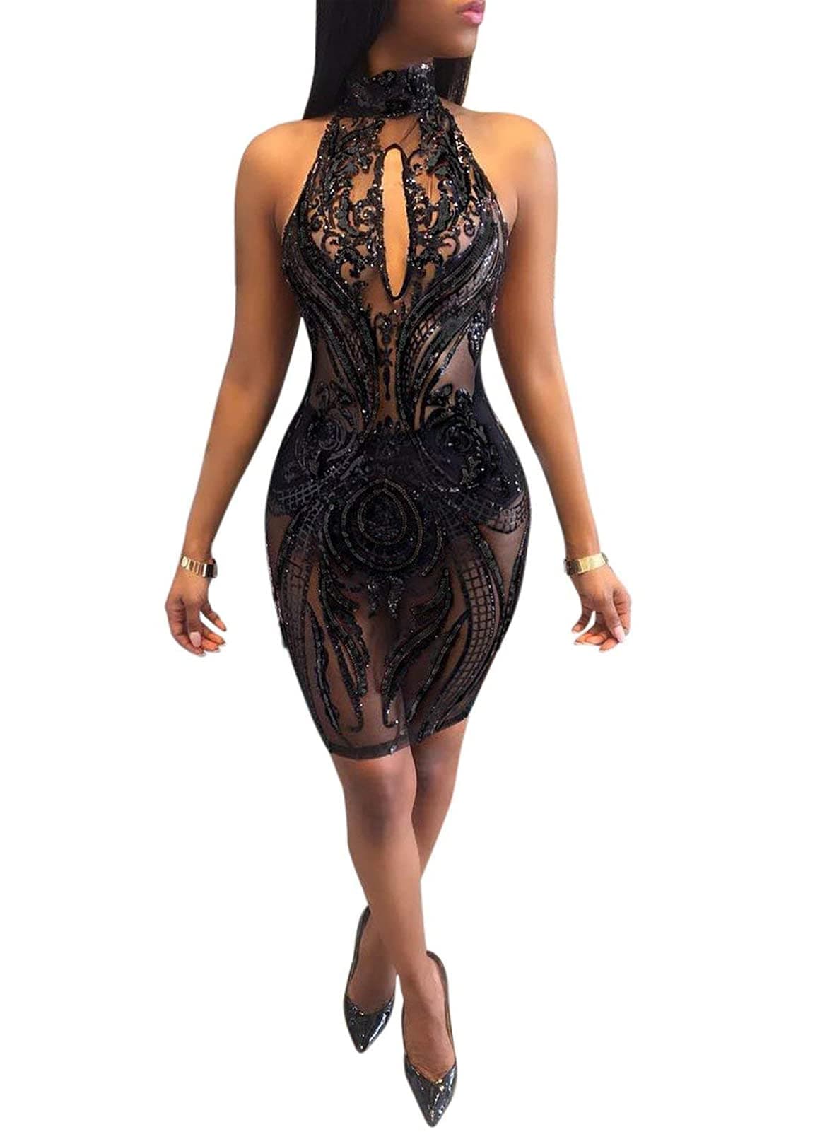 acelynWomen's Sexy Halter Backless See Through Sequins Floral Club Bodycon Mini Dress