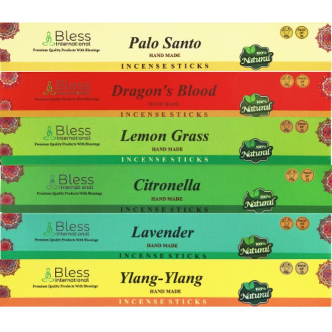 Bless-International Best-Assorted-21-Scents-Gift-Pack for-Purification-Relaxation-Positivity-Yoga-Meditation-Frankincense-and-Myrrh-Patchouli-Sandalwood-Palo-Santo-and-More (25 Sticks of Each Scent)
