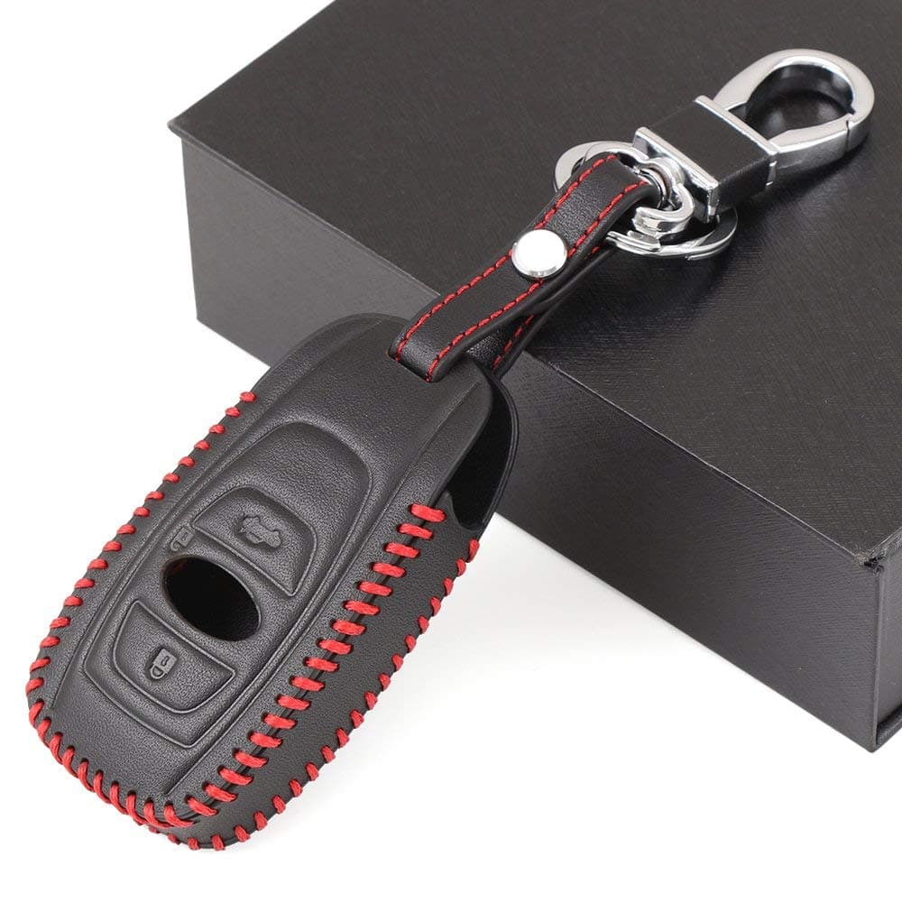 Leather Keyless Entry Remote Control Smart Key Case Cover with A Key Chain for Subaru Forester, Impreza, Outback, WRX, BRZ, XV Crosstrek (4 Buttons, Black/Red)