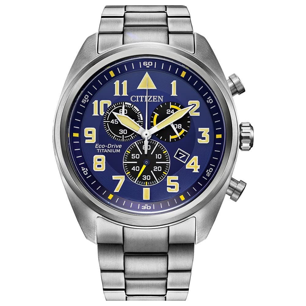 Men's Eco-Drive Weekender Garrison Chronograph Field Watch in Super Titanium, Blue Dial (Model: AT2480-57L)