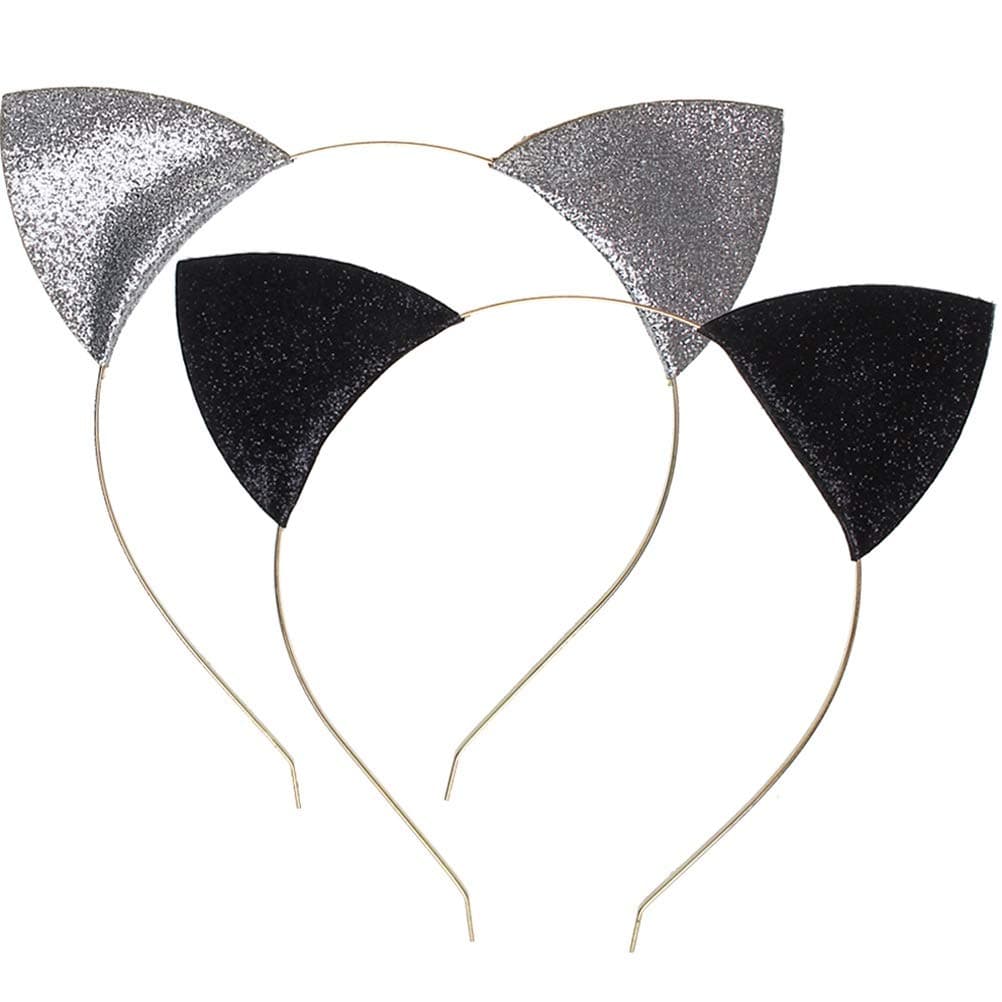 Wowot 2 Pack Glitter Cats Ear Hair Hoops Clasps, Cat Ears Headbands, Cat Hair Band For Daily Wearing and Party Decoration