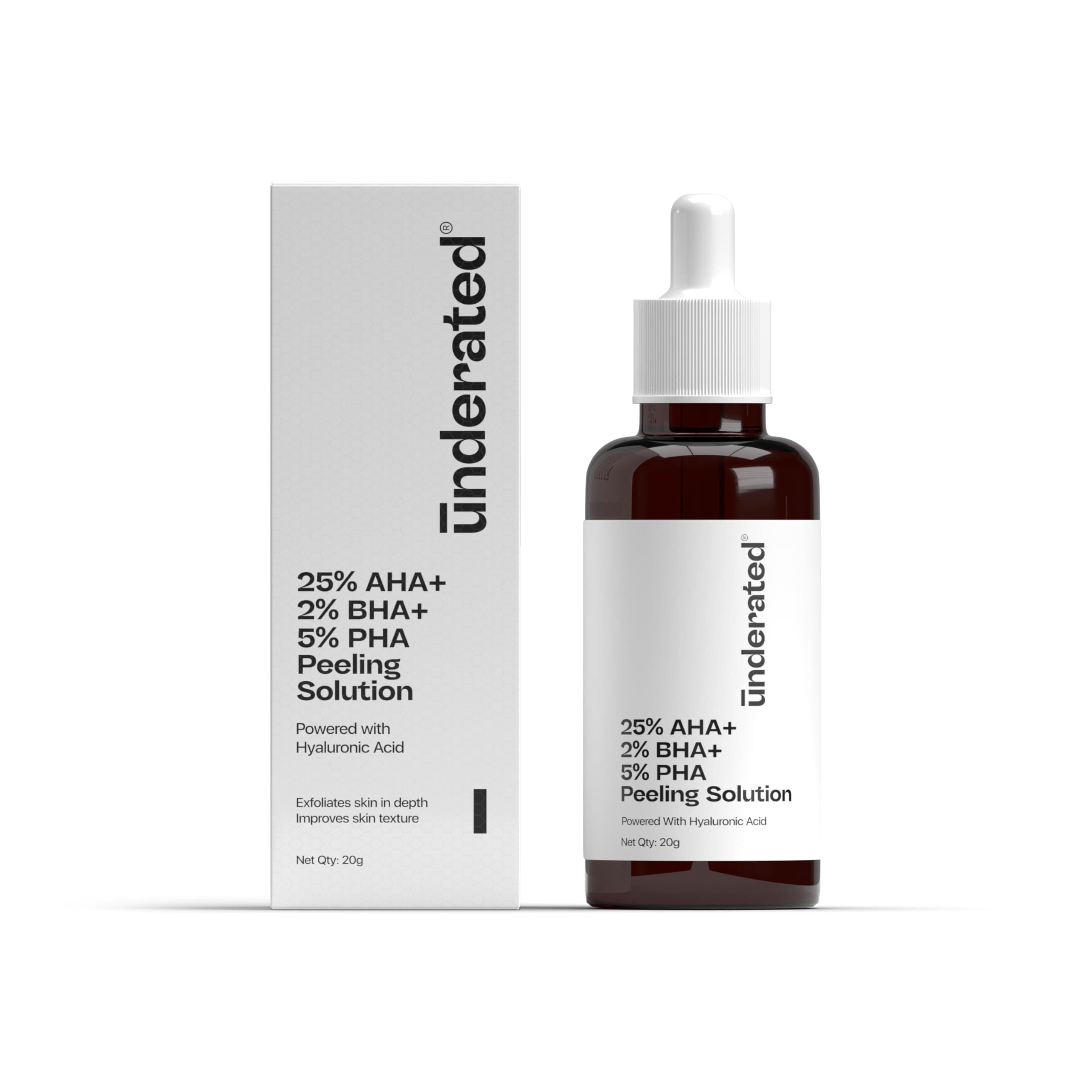 Underated 25% AHA + 2% BHA + 5% PHA Peeling Solution Powered With Hyaluronic Acid Helps to Deeply Exfoliate and Gives Glow to Skin, Reduces Fine Line and Wrinkles, Reduces Pigmentation and Evens the