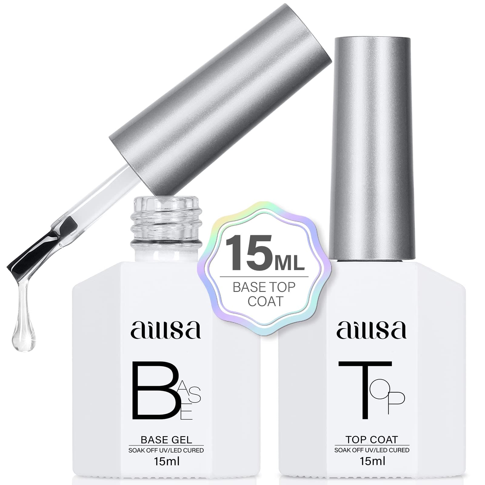 Gel Nail Polish, 2 x 15 ML Base and Top Coat, UV/LED Soak Off, No Wipe Top Coat for DIY Nail Art at Home