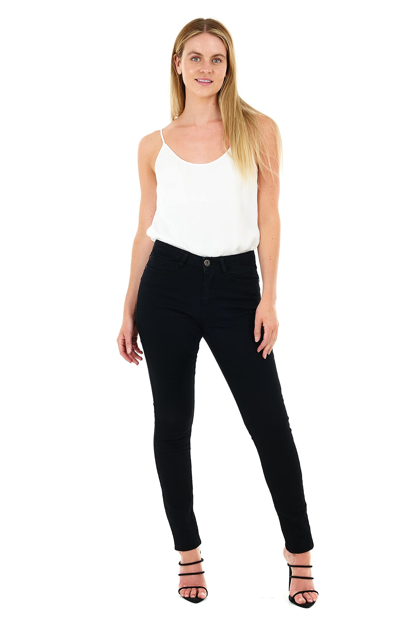 M17Women's Ladies High Waisted Denim Jeans Skinny Fit Casual Cotton Trousers Pants with Pockets (16, Black)